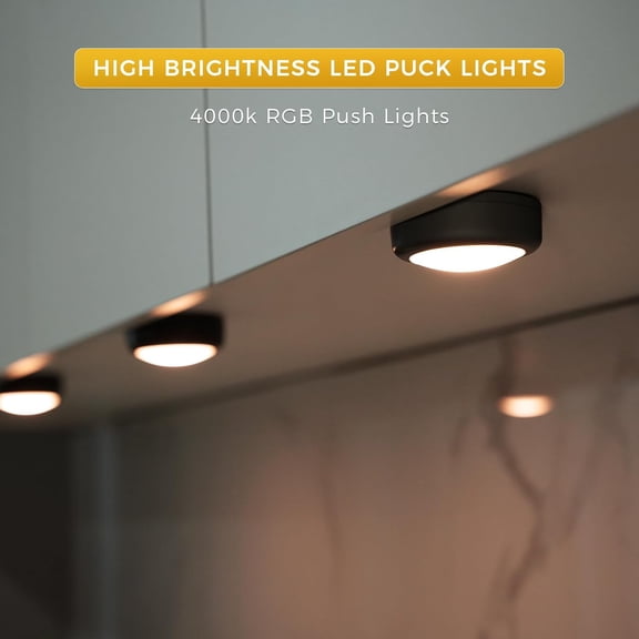 FJSHN-Push Lights with Remote 6-Piece Battery-Powered LED Hockey Puck Lights, Wireless Under-Cabinet & Baseboard Illumination, Dimmable & Color-Changing, Timer Function for Closet, Faucet, or Shelf (
