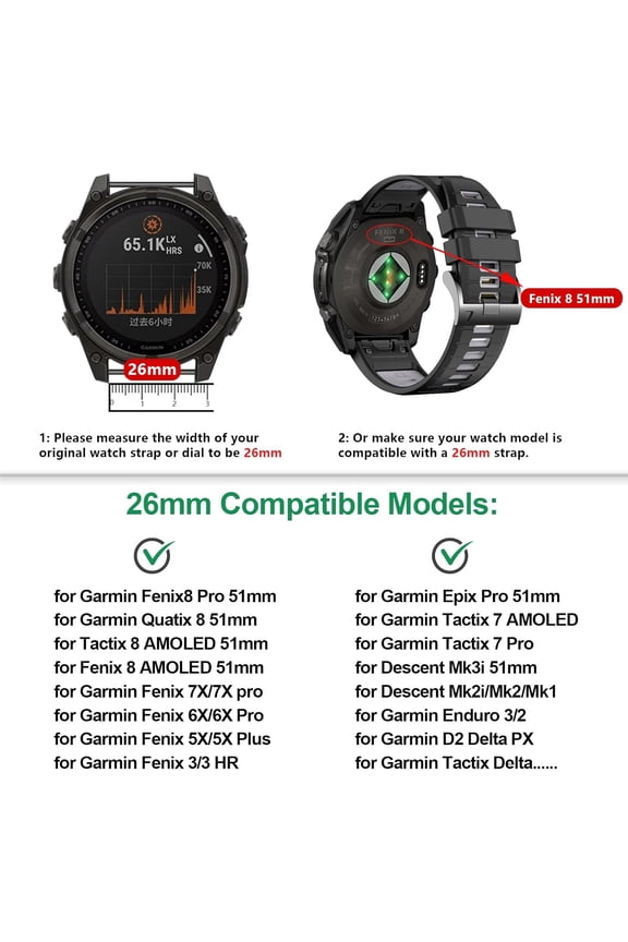-Quickfit Watchband for Fenix 8/8 pro 51mm/7X/6X/5X,26MM Silicone Strap Replacement Compatible with Garmin Fenix 7X Pro/6X Pro/5X Plus/Enduro 3/2 Descent Mk3i/Tactix 8/Epix Pro/Quatix 8 51mm