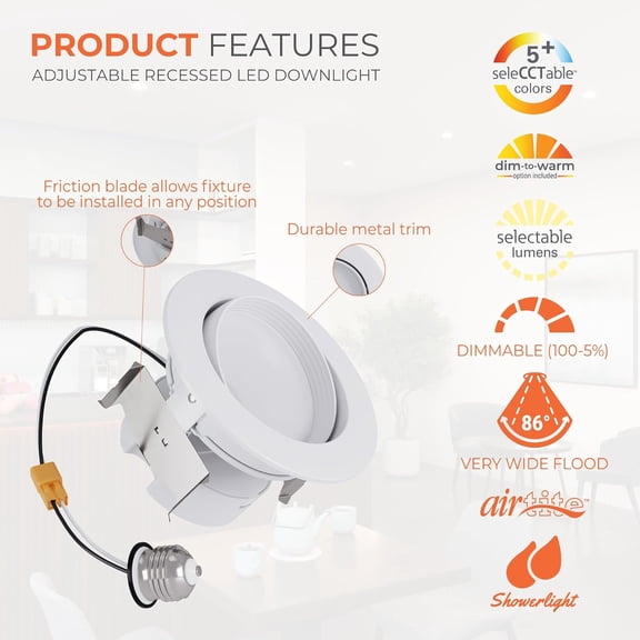 FJSHN-RA 4 inch LED Recessed Light Trim with Adjustable Gimbal, Selectable Lumens and Selectable Color Temperature, Dim-to-Warm Feature, Damp Location Rated RA4LS9FSD2W1EWH