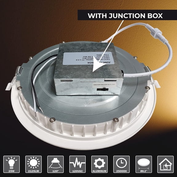 FJSHN-Recessed Round Ceiling LED Light 8 25W Dimmable. 5CCT (2700K/3000K/3500K/4000K/5000K Selectable) 2125 Lumens, Junction Box Included