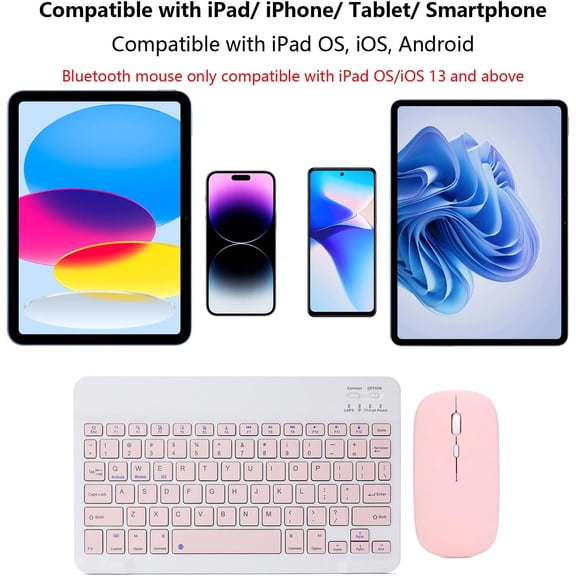 FJSHN-Rechargeable Bluetooth Keyboard and Mouse Combo for iPad, Ultra-Slim Portable Wireless Mouse Keyboard for iPad Pro Air Mini iPhone Samsung Tablet Cell Phone Android, iPadOS/iOS 13 and Above (Pi