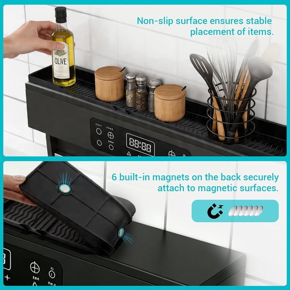 FJSHN-Silicone Over The Stove Shelf, 30 Inch Magnetic Stove Top Organizer - No Drill Space Saving Storage Rack for Spices & Kitchen Utensils, Perfect for Small Kitchen & Apartments Black
