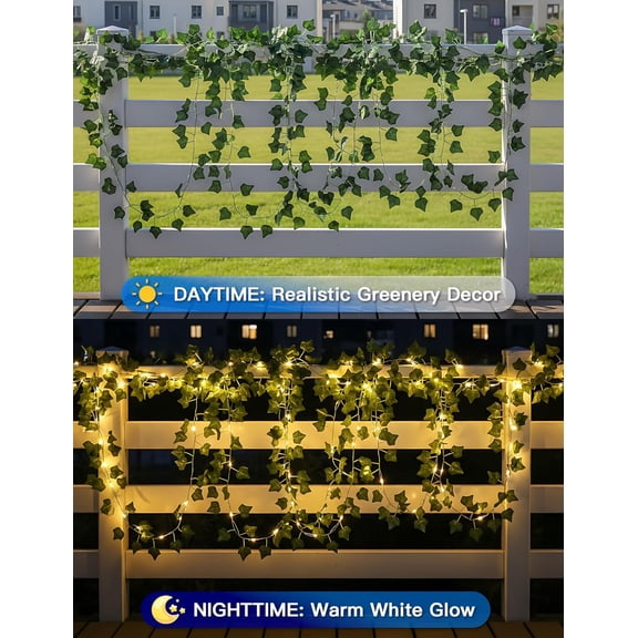 FJSHN-Solar Ivy String Lights Outdoor Waterproof, 33Ft 100 LED Fake Vines with Lights, Artificial Greenery Leaf Fairy Light for Privacy Fence, Wall, Patio, Garden, Balcony Decor (Warm White)