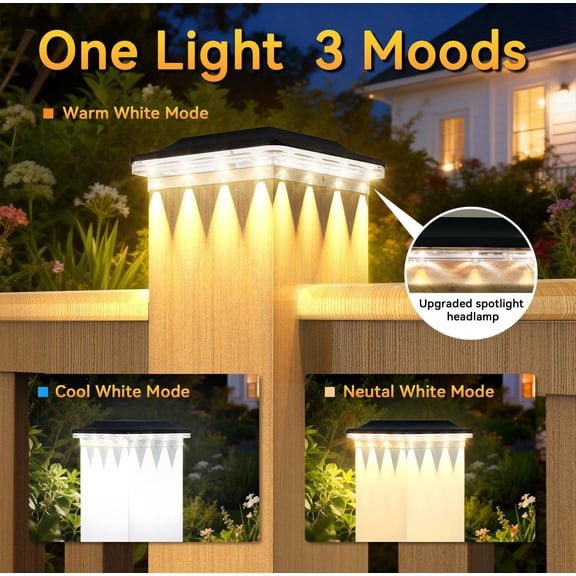 FJSHN-Solar Post Cap Light with 3 Modes,2pack Fence Post Solar Lights Outdoor Waterproof,4x4/3.5x3.5 Wood/Vinyl Deck Post Lights Solar Powered for Railing Porch Mailbox Garden Patio Outside