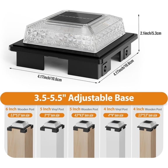 FJSHN-Solar Post Cap Lights, 3 Color Modes & 2 Brightness, Adjustable Base Fits 4x4 5x5 6x6 Posts (3.5-5.5 Inch), IP65 Waterproof, Deck & Fence Post Lights Solar Powered with Screws, Black, 2 Pack