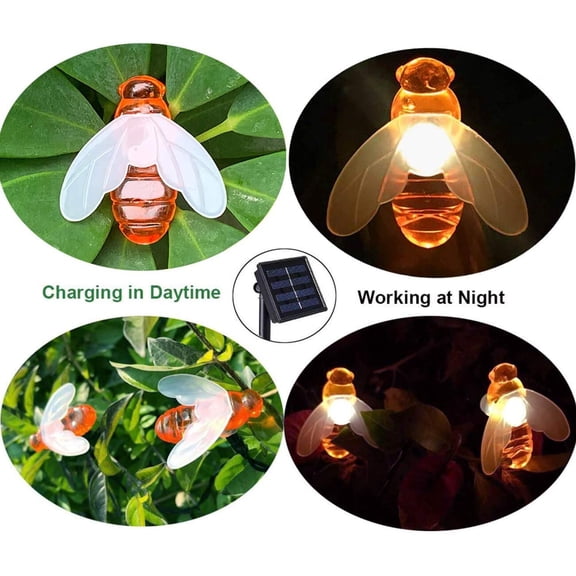 FJSHN-Solar String Lights 20LED Outdoor Waterproof Simulation Honey Bees Decor for Garden Xmas Decorations Warm White