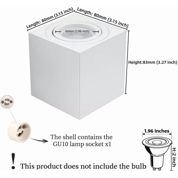 FJSHN-Square GU10 downlight housing - can install 50mm bulbs. Side length3.15-inchHeight: 3.27 inch ceiling light frame, surface-mounted spotlight housing, adjustable lighting Angle (Square - white)