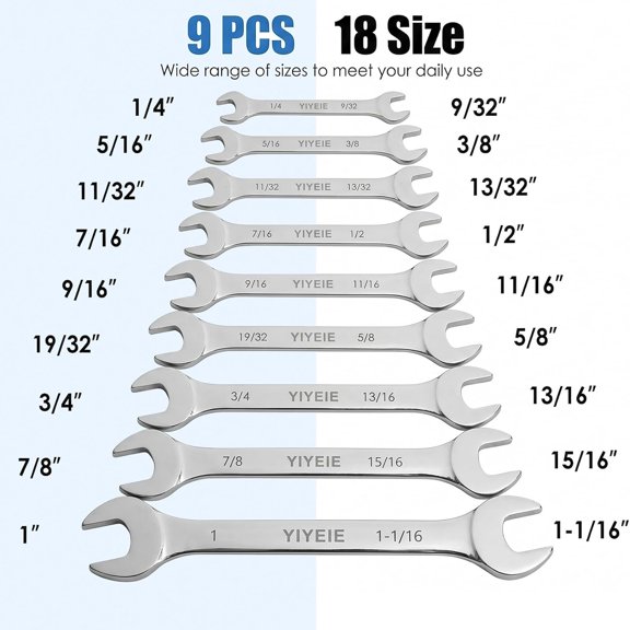 FJSHN-Super-Thin Open End Wrench Set, 9-Piece SAE, 1/4" to 1-1/16", Chrome Vanadium Steel With Mirror Polish, Ultra-Slim Wrench Set with Rolling Pouch