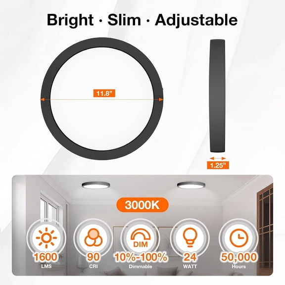 FJSHN-Sylvania 12" LED Flush Mount Ceiling Light Fixture, 24W, 1600 LMS, Hardwired, 3000K, Warm White, Black, LED Lights for Bedroom Kitchen Hallway Porch - 1 Pack (66459)