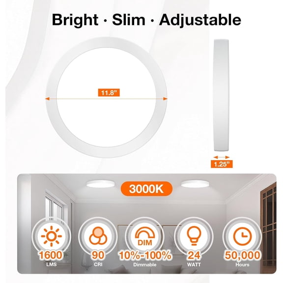 FJSHN-Sylvania 12" LED Flush Mount Ceiling Light Fixture, 24W, 1600 LMS, Hardwired, 3000K, Warm White, White, LED Lights for Bedroom Kitchen Hallway Porch - 1 Pack (66460)