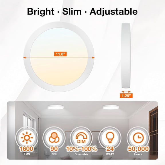 FJSHN-Sylvania 12" LED Flush Mount Ceiling Light Fixture, 24W, 5 Color Select (2700K - 5000K), 1600 LMS, Hardwired, White, LED Lights for Bedroom Kitchen Hallway Porch - 1 Pack (66462)