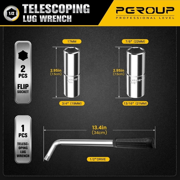 FJSHN-Telescoping Lug Wrench, Extended Lug Wheel Wrench with 17mm/19mm(3/4), 21mm(13/16)/22mm(7/8) Chrome Vanadium Steel Sockets for Car, Truck, Vans