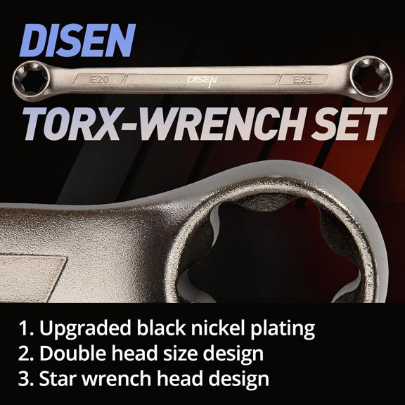 FJSHN-Upgraded 4-Piece E-Torx Wrench Set, Double Box End Wrench Set, CR-V Steel, Including E6*E8, E10*E12, E14*E18 and E20*E24