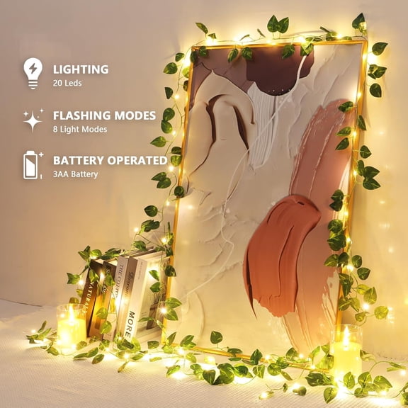 FJSHN-Vines with Lights Battery Operated, 6.56ft 20 LED Pothos with Fairy Lights, Leaf Lights with 8 Modes, Fake Vines Ivy String Lights for Bedroom, Wall, Room, Garden, Party Decor, 4 Pack