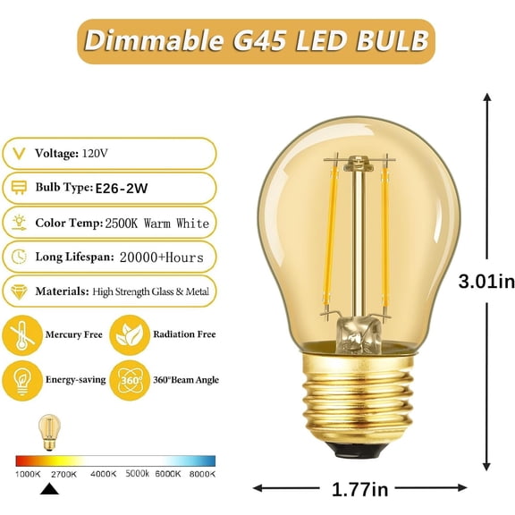 FJSHN-Vintage Amber Light Bulbs 2W Equal 20W Light Bulb 250LM AC120V,2500K Warm Light,Dimmable E26 LED Bulb 20W Globe Amber Edison Light Bulbs, 6 Pack