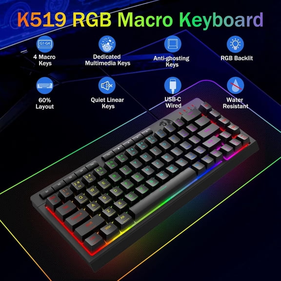 FJSHN-Wired Gaming Keyboard, RGB Backlit, 60% Compact Quiet Membrane Keyboard with Programmable Macro and Multimedia Keys, Anti-ghosting, Spill Resistant for Win/MAC/PS/Xbox