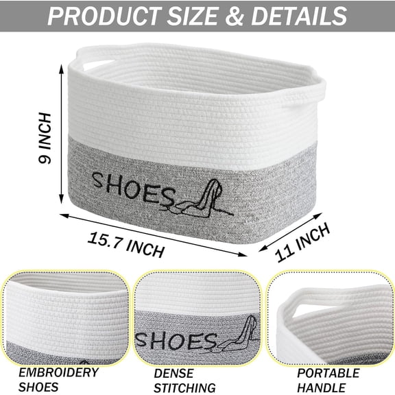 FJSHN-Woven Rope Embroidered Shoes Storage Basket 15.7 x 11 x 9 Large Capacity Fabric Cotton Rope Shoe Storage Organizer Bin Foldable with Handles for Hallway, Entryway, Closet, Laundry Room