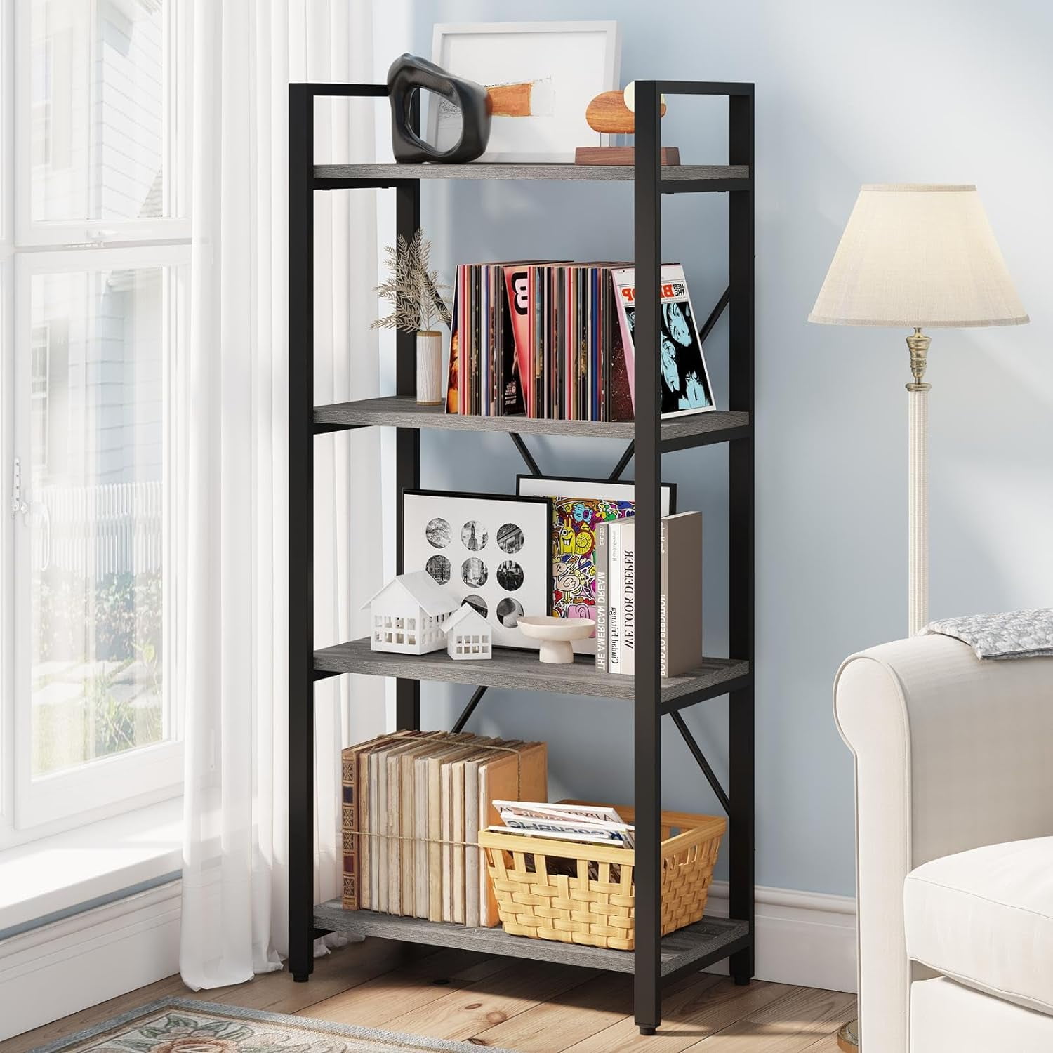 FJU Industrial 4 Tier Bookshelf, Modern Open Etagere Bookcase, Wood