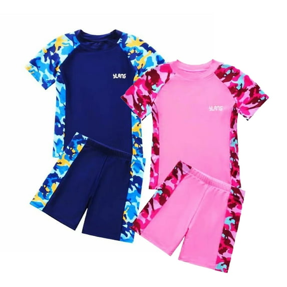 FJUCHAI 5-16T Big Kids Crew Neck Swimsuit Outfit Short Sleeve Tops +swimming Trunks Set Youth Boys Girls Fashion Bikini Set