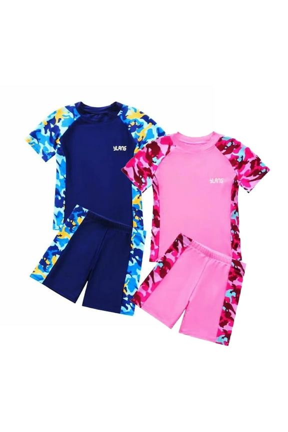 5-16T Big Kids Crew Neck Swimsuit Outfit Short Sleeve Tops +swimming Trunks Set Youth Boys Girls Fashion Bikini Set