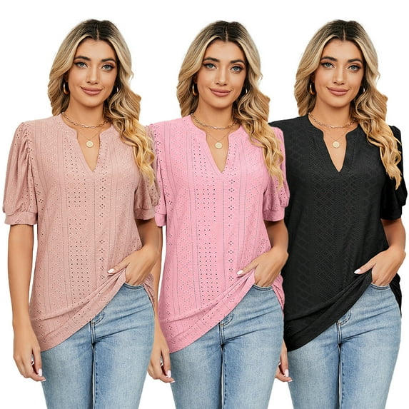 FJUCHAI Cotton T-Shirts for Women V-Neck Bubble Sleeve Tunic Tops Summer Short Sleeve Casual Womens Tees Shirts