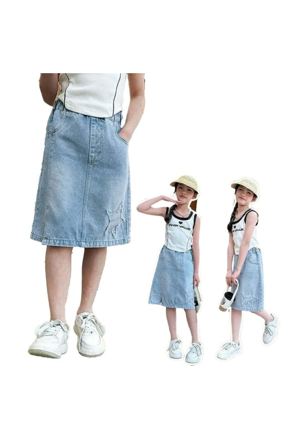 Teen Girls ‌School Denim Skirt Mid-Length Washed Jeans Skirt Summer 5-14Y Kids Fashion Denim Skirt
