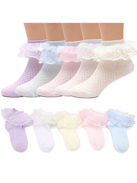 Toddler Girls Dance Mesh Socks 5 Pairs Kids Thin Lace Bow Socks Dress Princess Socks
