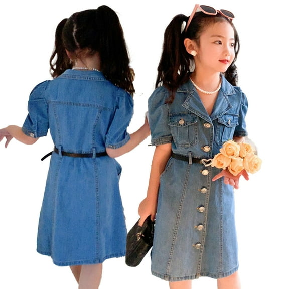 FJUCHAI Toddler Girls Summer Denim Dress Puff Sleeve Vintage Button Front Casual Outfit With belt 2-10Y