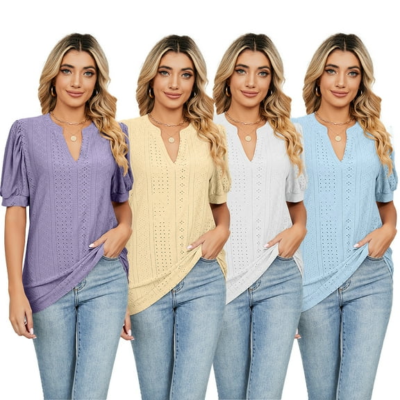 FJUCHAI Women Casual T-Shirts Cotton Bubble Sleeve Tees Tops Summer Short Sleeve V-Neck Tees Shirts