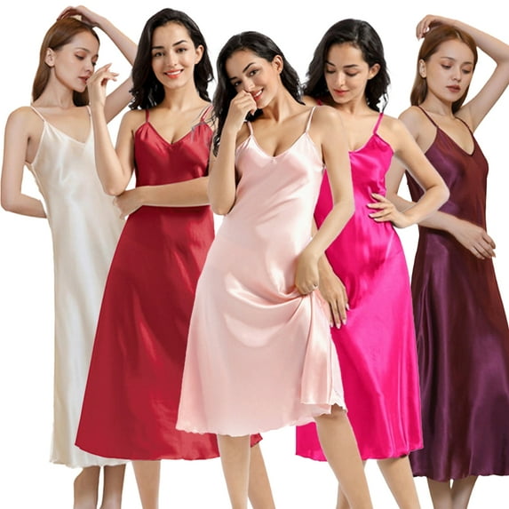 FJUCHAI Women Long Slip Silk Midi Pajamas Dress Womens Halter V-Neck Nightwear Ingerie Sleepwear for Womens S-XXL