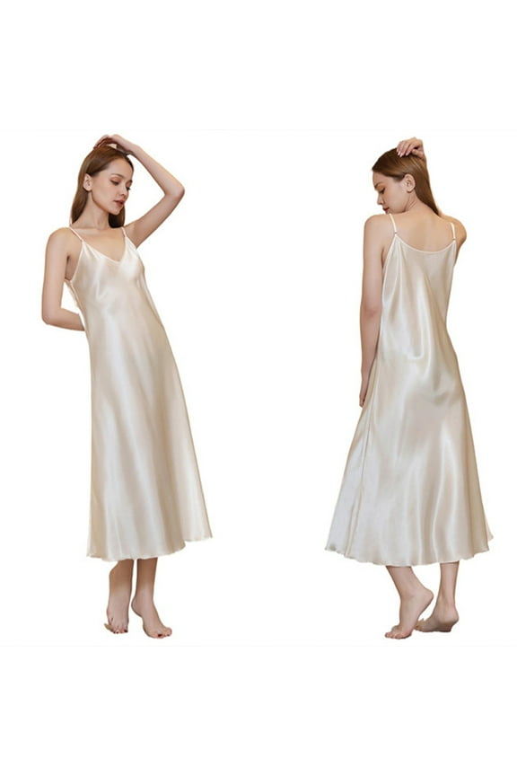 Women Long Slip Silk Midi Pajamas Dress Womens Halter V-Neck Nightwear Ingerie Sleepwear for Womens S-XXL