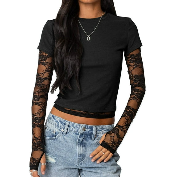 FJUCHAI Women Round neck T-Shirt Mesh splicing Long Sleeve Tees Summer Slim solid color Shirt