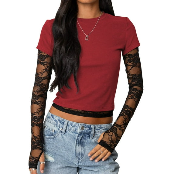 FJUCHAI Women Round neck T-Shirt Mesh splicing Long Sleeve Tees Summer Slim solid color Shirt