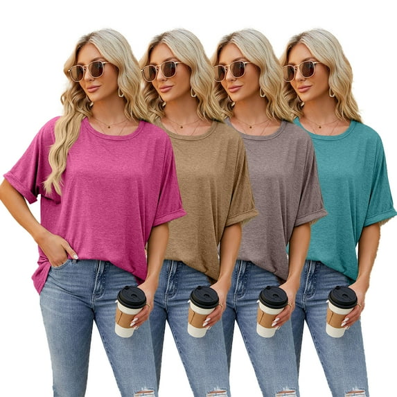 FJUCHAI Women T-Shirts Casual Tops Short Sleeve Crew Neck Tees Tops Womens Summer Solid Color Basic Loose Tops