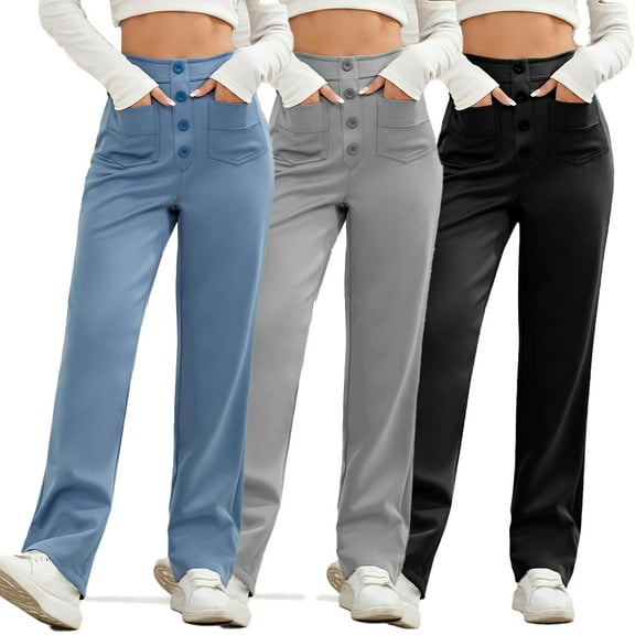 Fjuchai Womens Casual Pants Female Solid Color Elastic Waist Straight Trousers with Pockets S-XXL