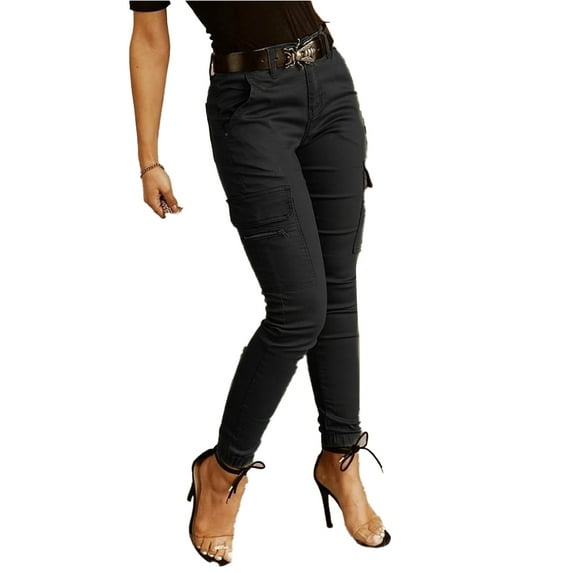 FJUCHAI Women's Cargo Pants Stretchy Waist Solid Color Slim Leg Leggings Outdoor Pants S-2XL