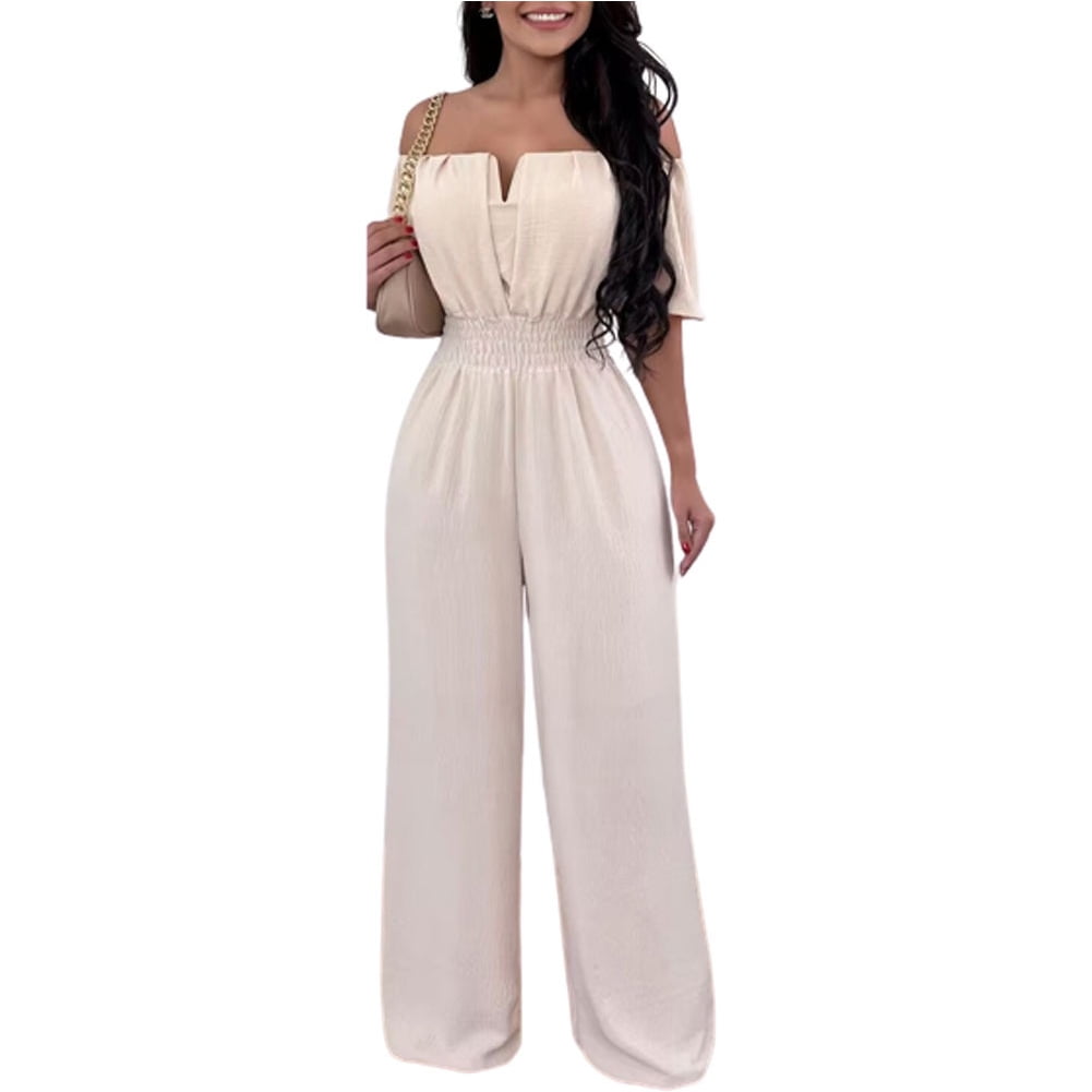 FJUCHAI Women's Casual Jumpsuits Loose Overalls Short Sleeve One Piece Wide Leg Long Pant Rompers With Pockets S-XL