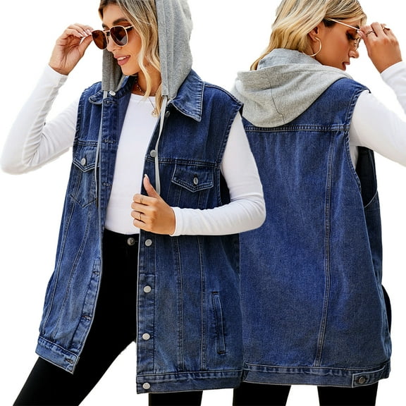 FJUCHAI Women's Denim Jean Vest Jacket Hooded Vest Casual Classic Sleeveless Button Denim Coats S-XL