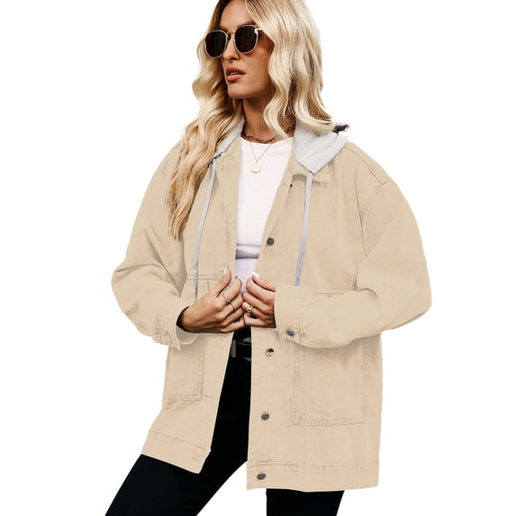 Fjuchai Women's Long Sleeve Denim Jackets Button down Jean Coats with Pockets Spring Fall Womens Loose Hooded Cowboy Outwear Jacket S-XXL