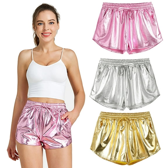 FJUCHAI Women's Metallic Shorts Elastic Waist Shiny Pants Reflective Shorts Women's Beach Pants