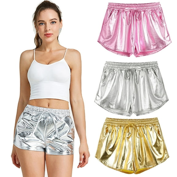 FJUCHAI Women's Metallic Shorts Elastic Waist Shiny Pants Reflective Shorts Women's Beach Pants