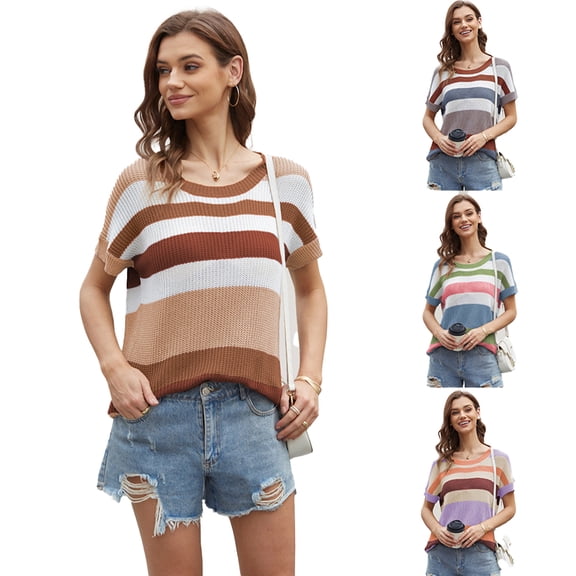 FJUCHAI Women's Short Sleeve Knit T Shirts Crew Neck T Shirts New Patchwork Striped Casual Loose Striped Pullover Sweater Tops