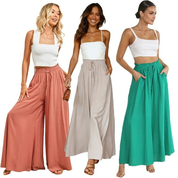 FJUCHAI Women's Solid Wide Leg Pants Summer Elastic Waistband Flowy Trousers High Waist Long Skirt Pants S-2XL