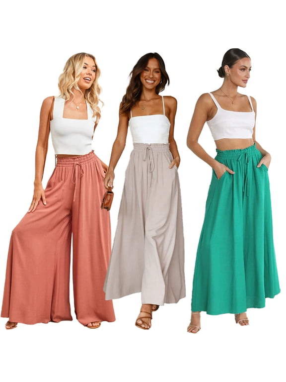 Women's Solid Wide Leg Pants Summer Elastic Waistband Flowy Trousers High Waist Long Skirt Pants S-2XL