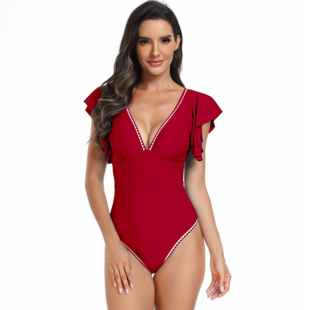 IngEAR One Piece Swimsuits V Neck Tummy Control Back Crossover Athletic Retro Swimwear main image 1