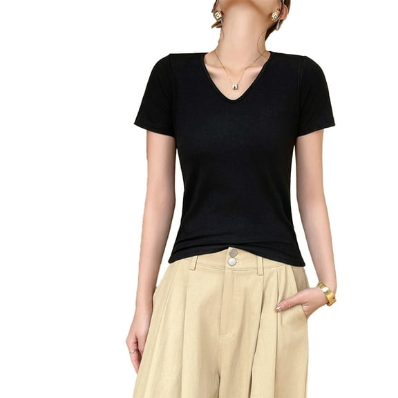FJUCHAI Women's V-Neck Short-Sleeved T-Shirt Female Modal Bottoming Shirt Tops Casual Tees for S-XXXL