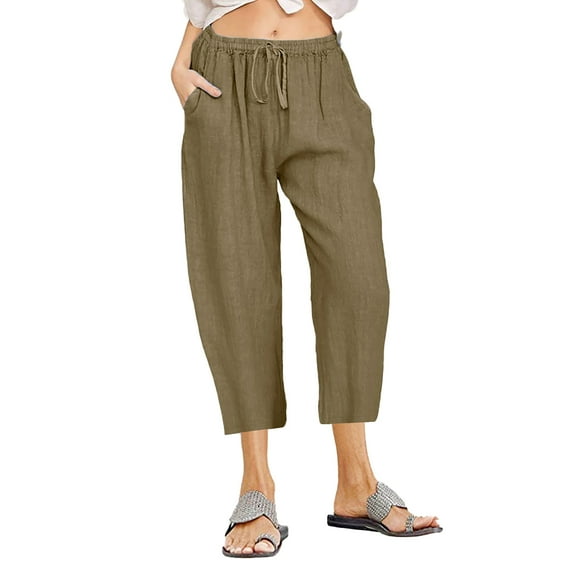 FJUCHAI Women's Wide Leg Palazzo Pants Leg Loose Linen Drawstring Cropped Pants Cropped Trousers S-3XL