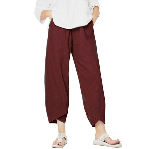FJUCHAI Womens Linen Pants Solid Color Wide Leg Drawstring Casual Loose Trousers with Pockets S-5XL