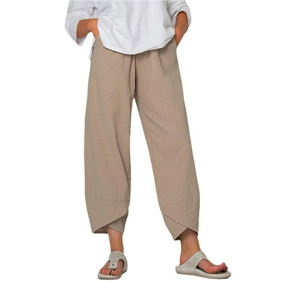 FJUCHAI Womens Linen Pants Solid Color Wide Leg Drawstring Casual Loose Trousers with Pockets S-5XL