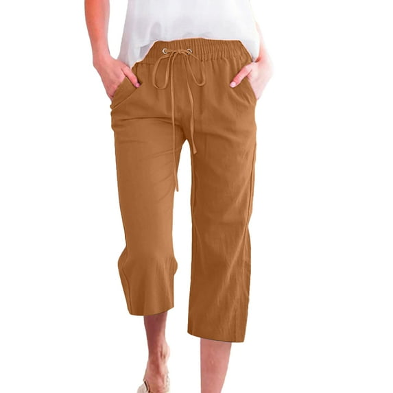 Fjuchai Womens Straight Pants Female Summer Straight Solid Color Cotton Linen Casual Trousers S-5XL